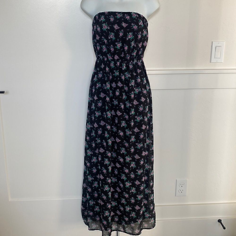 Forever 21 Women’s Floral Black Maxi Dress Strapless Fully Lined Size S